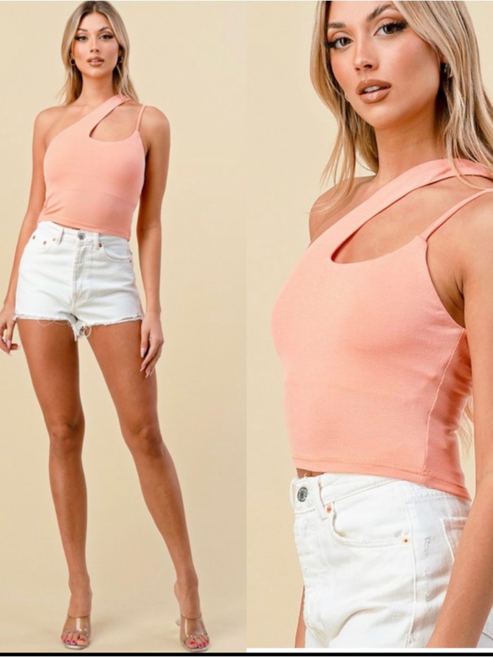 Asymmetrical Peach One-Shoulder Ribbed Tank Top
